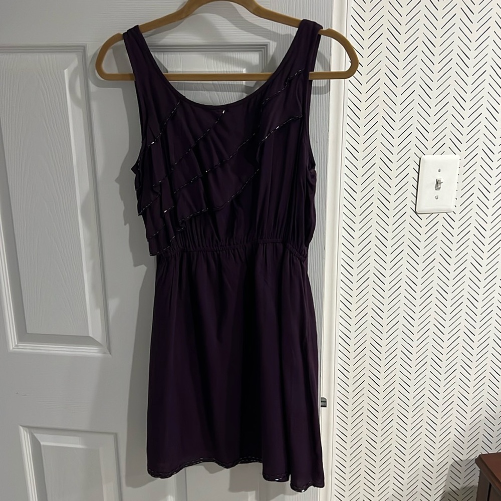 Beaded Plum Party Dress with stretch waist and ruffles